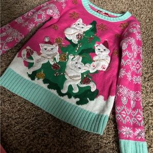 32 Degrees Pink and Green Cat Holiday Sweater
